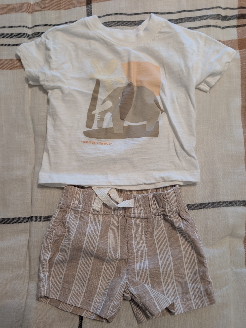 Carter's White Graphic Tee and Beige Striped Shorts Set Size 9 Months